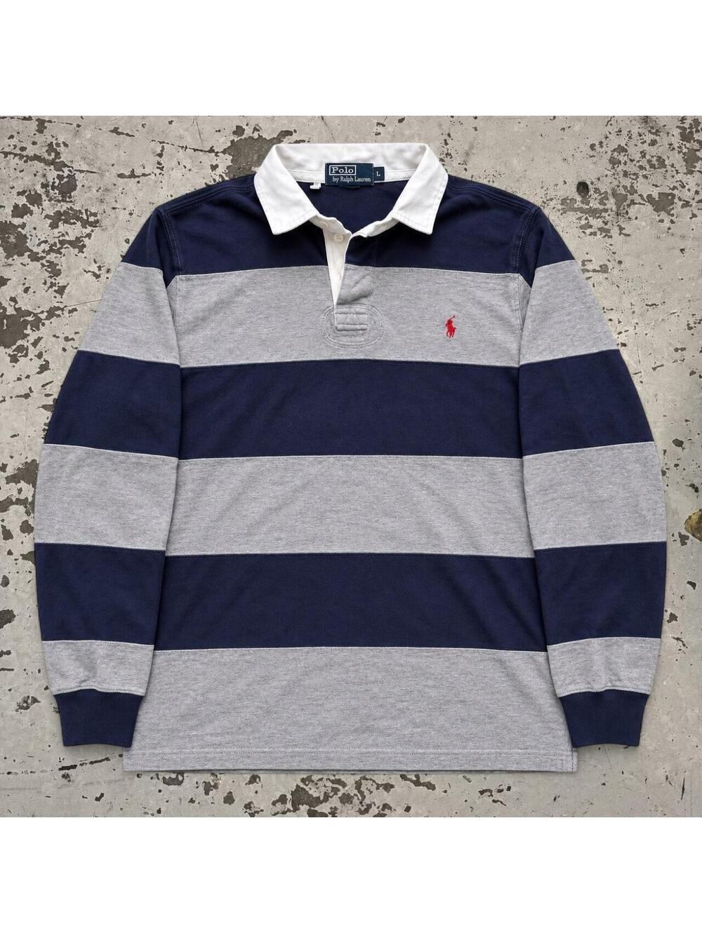 Mens Vintage Polo Ralph Lauren striped rugby longsleeve shirt Size XL